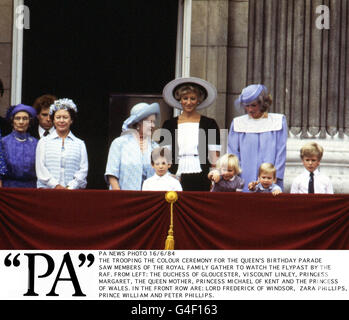 LE TROOPING LA CÉRÉMONIE DE COULEUR POUR LE DÉFILÉ D'ANNIVERSAIRE DE LA REINE A VU DES MEMBRES DE LA FAMILLE ROYALE SE RASSEMBLER POUR OBSERVER LE FLIPPER DE LA RAF.DE GAUCHE À DROITE : LA DUCHESSE DE GLOUCESTER, LE VICOMTE LINLEY, LA PRINCESSE MARGARET, LA REINE MÈRE, LA PRINCESSE MICHAEL DE KENT ET LA PRINCESSE DE GALLES.AU PREMIER RANG SE TROUVENT : LORD FREDERICK DE WINDSOR, ZARA PHILLIPS, PRINCE WILLIAM ET PETER PHILLIPS. Banque D'Images