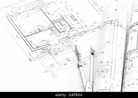 Fond architectural avec plan, plans et dimensions boussole Banque D'Images