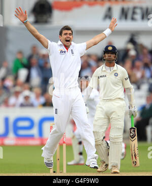 James Anderson, en Angleterre, fait appel à la cricket du VVS de l'Inde Laxman seulement pour l'arbitre de ne pas la donner dehors après une référence Banque D'Images