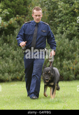 Le gendarme Phil Wells de l'unité de soutien des chiens de la police métropolitaine avec le chien de police OBI, un Berger allemand de trois ans, qui a subi un crâne fracturé lorsqu'il a été frappé par une brique lors des émeutes de Tottenham le samedi 6 août, au poste de police de West Drayton à l'ouest de Londres. Banque D'Images