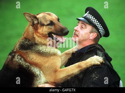 Le PC Barry Barlow avec son chien Zac au QG de l'école d'entraînement de la section des chiens de police d'Essex à Sandon près de Chelmsford dans l'Essex, hier (mercredi). Un sergent de police et deux gendarmes, basés au quartier général des chiens de police d'Essex , ont été reconnus aujourd'hui (jeudi) coupables de cruauté envers les chiens de police. Mais un magistrat de Chelmsford, dans l'Essex , a rejeté des allégations similaires contre un inspecteur de police. Photo de Sean Dempsey. Voir PA COURTS chiens. Banque D'Images