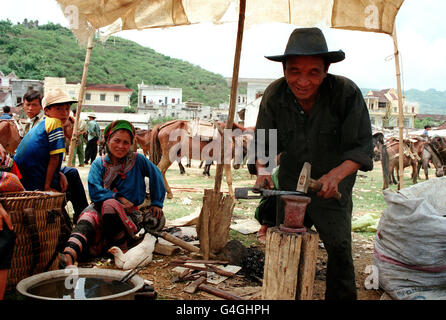 Un résident local à l'œuvre dans la ville de Cat Ba, située près de la frontière avec la Chine, dans la colline du nord du Vietnam. Banque D'Images