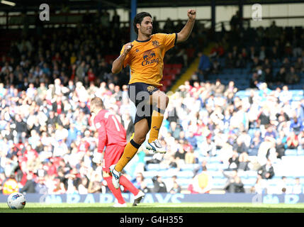 Mikel Arteta, de Everton, célèbre le but gagnant de la zone de pénalité lors du match de la Barclays Premier League à Ewood Park, Blackburn. Banque D'Images