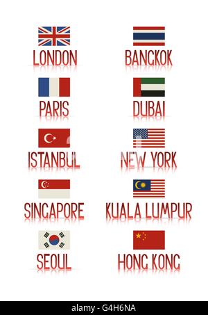 Ensemble de dix villes touristiques populaires et leurs drapeaux des pays. Ve Illustration de Vecteur