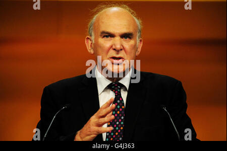 Le secrétaire d'État aux Affaires, M. Vince Cable, s'adresse à la conférence annuelle des libéraux démocrates, à la CPI à Birmingham. Banque D'Images