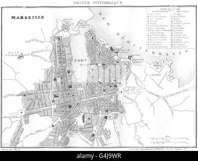 BOUCHES-DU-RHÔNE : Marseille ville Marseille Plan de ville, carte antique 1835 Banque D'Images