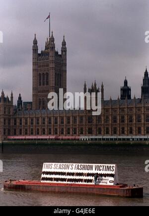 Une barge présentant la dernière publicité antifourrure de la RSPCA passe devant les chambres du Parlement à Londres, à la veille de la deuxième lecture du projet de loi sur l'interdiction de la culture de la fourrure de Maria Eagle MP. La RSPCA exhorte les députés à voter pour le projet de loi. * RSPCA - Bill mettra fin à l'abattage inutile de visons uniquement pour leurs peaux. Banque D'Images