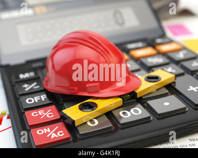 Constructions tools casque de protection et niveau sur calculatrice. Notion de calcul des coûts de construction. 3d illustration Banque D'Images
