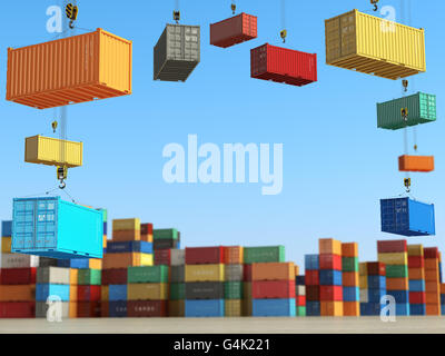 Zone de stockage des conteneurs de fret en aux chariots élévateurs. Concept d'arrière-plan de livraison ou d'expédition. 3d illustration Banque D'Images