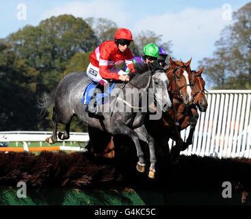 Courses hippiques - National Hunt - Hippodrome de Worcester.L'Eminence grise, criblée par James Reveley, mène aux premières étapes de l'obstacle « National Hunt » novices » de l'EBF (qualificateur) Banque D'Images