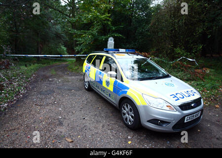 La police de Sussex demeure sur les lieux où le corps d'un policier a été trouvé à Blackdown Woods, à Haslemere, dans le Surrey. Banque D'Images