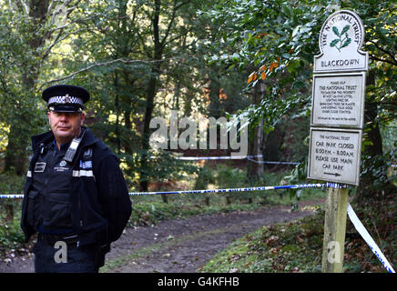 Corps de femme trouvé dans la forêt.Un policier sur les lieux où le corps d'un policier a été trouvé à Blackdown Woods, à Haslemere, dans le Surrey. Banque D'Images