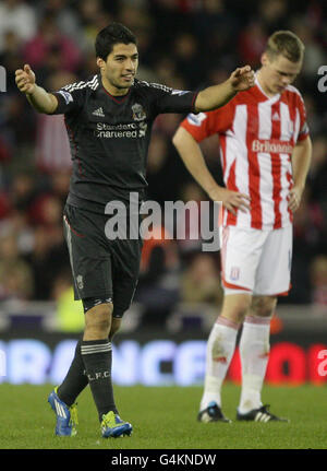 Luis Suarez, de Liverpool, célèbre son deuxième but et le reste, tandis que Ryan Shawcross, de Stoke City, semble abattu lors de la Carling Cup, quatrième match rond au Britannia Stadium, Stoke. Banque D'Images