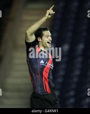 Rugby Union - RaboDirect PRO12 - Edinburgh Rugby / Leinster Rugby - Murrayfield.Tim visser, d'Édimbourg, célèbre la première tentative du match RapoDirect PRO12 à Murrayfield, Édimbourg. Banque D'Images