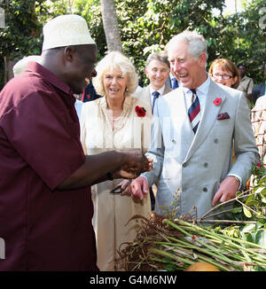 La duchesse de Cornouailles et le prince de Galles sentent la muscade qui leur a été décrite comme un aphrodisiaque à la plantation d'épices de Kizimbani à Zanzibar le troisième jour d'une visite de quatre jours dans le pays. Banque D'Images