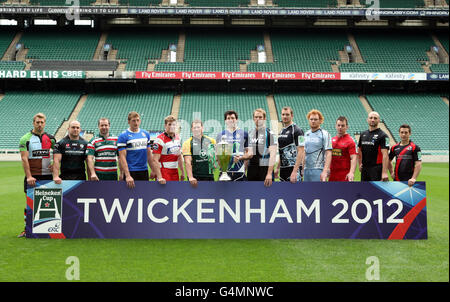 (Gauche-droite) Harlequins Chris Robshaw, Clarke Dermody de Londres Irish, Leicester Tigers Geordan Murphy, Bath's Stuart Hooper, Luke Narraway de Gloucester, Northampton Saints Dylan Hartley, Shane Horgan de Leinster, Alun Wyn Jones d'Osprey, Glasgow Warriors's Al Kellock, Paul Tilets Hartley, Matthew Tirto Blues de Cardiff, Matthew Scarto Steve Borthwick de Saracens et Greig Laidlaw d'Édimbourg lors du lancement de la coupe Heineken au stade Twickenham, Londres. Banque D'Images