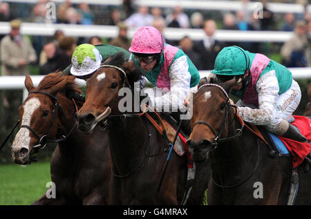 Mirror Lake (à droite), criblé de Martin Dwyer, gagne devant le deuxième rôle principal et le jockey Ian Mongan (au centre) et le troisième place Ceilidh House avec le jockey Jim Crowley dans les buts de Betfred Galore E B F Sir Percy Gillies Fillies lors de la réunion de Betfred November handicap À l'hippodrome de Doncaster. Banque D'Images