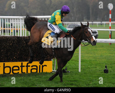 Kauto Star monté par Ruby Walsh saute la dernière clôture pour gagner le Betfair Steeple Chase pendant le Betfair Chase Raceday à l'hippodrome de Haydock Park. Banque D'Images