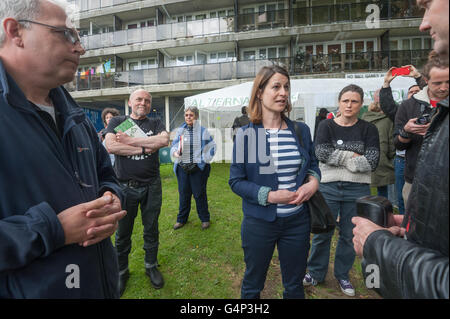 Londres, Royaume-Uni. 18 juin 2016. Aujourd'hui, le conseil estates sur Londres sous la menace de démolition par les politiques du logement, les programmes de régénération du conseil et des promoteurs immobiliers se félicite de visiteurs d'événements journée portes ouvertes dans le cadre de l'initiative Open Garden Estates par les architectes pour le logement social (CHE). Crédit : Peter Marshall/Alamy Live News Banque D'Images