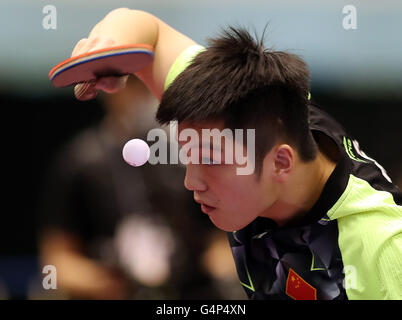 Samedi. 18 Juin, 2016. 18 juin 2016, Tokyo, Japon - Ventilateur Zhendong de Chine eyees sur la balle à la livraison du service contre France's Simon Gauzy lors de l'épreuve quart-de-finale du tournoi de tennis de table ouvert au Japon à Tokyo le samedi, Juin 18, 2016. Défait 4-1. vaporeuse du ventilateur © Yoshio Tsunoda/AFLO/Alamy Live News Banque D'Images