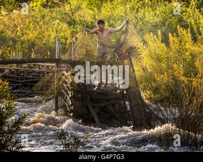 19 juin 2016 - Don Khone, Champassak, Laos - Un pêcheur assisté par ses filets et pièges à poissons à Khon Pa Soi Cascades, sur le côté est de Don Khon. C'est le plus petit des deux chutes d'eau en Don Khon. Les pêcheurs ont construit un système complexe de ponts de cordes au-dessus des chutes qu'ils utilisent pour se rendre à l'pièges à poissons. Les pêcheurs de la région sont aux prises avec une baisse des rendements et les petits poissons, qui menaçaient leur mode de vie. Le Mékong est l'un des plus riches et productifs fleuves sur Terre. C'est un haut lieu mondial pour les poissons d'eau douce : plus de 1 000 espèces ont été enregistrées, il y a sec Banque D'Images