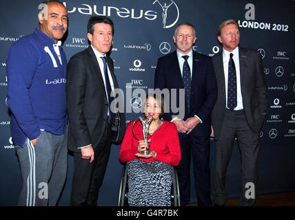 Membres de l'académie Laureus (de gauche à droite) Daley Thompson, Lord Sebastian COE, la baronne Tanni Gray-Thompson, Sean Fitzpatrick et Boris Becker lors de la conférence de presse des Laureus Sports Awards à Central Hall, Londres. Banque D'Images