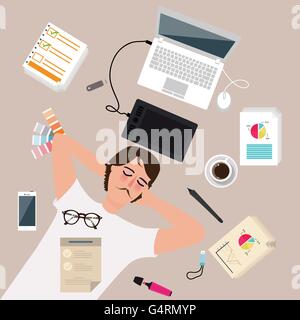 Mâle homme travailleur designer profitez d'après le travail prendre un repos sommeil autour de coffre Illustration de Vecteur