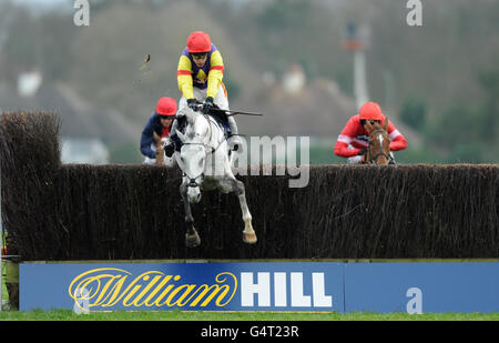 Les Grands crus, criblés par Tom Scudamore, ont remporté la dernière clôture pour remporter le Steeple Chase de Feltham novices williamhill.com Banque D'Images