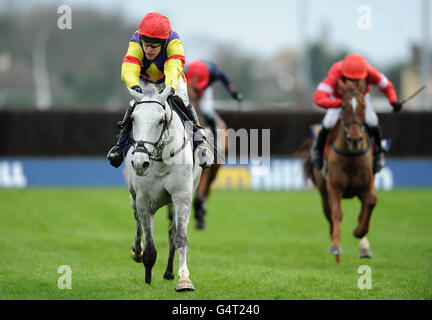 Les Grands crus, criblés par Tom Scudamore sur le chemin de gagner le Steeple Chase de Feltham novices en williamhill.com Banque D'Images