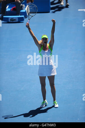 Tennis - 2012 Open d'Australie - dixième jour - Melbourne Park.Maria Sharapova, de Russie, célèbre la défaite d'Ekaterina Makarova, de Russie Banque D'Images