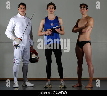 Membres de l'équipe de GB Pentathlon (de gauche à droite) Sam Weale, Jamie Cooke et Nick Woodbridge pendant la séance photo de l'équipe moderne de Pentathlon à l'Université de Bath, Bath. Banque D'Images