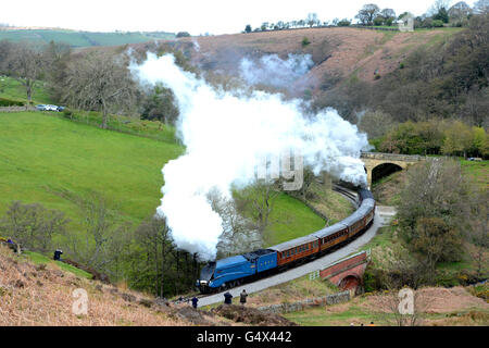 La locomotive Bittern 4464 près de la gare de Goathland, dans le North Yorkshire, tandis qu'elle tire des voitures en teck SUR le service de 'Flying Scotsman' pendant le Spring Steam Gala le long du North Yorkshire Moors Railway, la ligne accueillera dix moteurs à vapeur différents au cours de deux longs week-ends de ce mois-ci. Banque D'Images