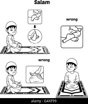 Position de la prière musulmane Guide Step by Step effectuer par Boy Salutation et position des pieds avec mauvaise position Version Contour Vector Illustration Illustration de Vecteur