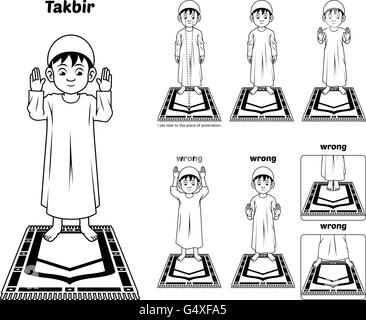 Position de la prière musulmane Guide Step by Step effectuer par garçon debout et d'élever les mains avec mauvaise position Version Contour Vector Illustration Illustration de Vecteur