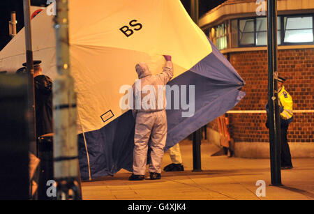 Des policiers et des agents de la police assistent à une fusillade fatale à Turnpike Lane, Londres.APPUYEZ SUR ASSOCIATION photo.Date de la photo: Mercredi 1er février 2012.Une personne a été arrêtée après qu'un homme dans ses années 30 ait été abattu près d'une station de métro, a déclaré la police.Le tournage a eu lieu cet après-midi près de la station de métro Turnpike Lane sur la ligne Piccadilly dans le nord de Londres, a déclaré Scotland Yard.Il est entendu que ce sera la deuxième fusillade mortelle dans la capitale cette année.Voir PA Story TIR DE POLICE.Le crédit photo devrait se lire comme suit : Ian Nicholson/PA Wire Banque D'Images