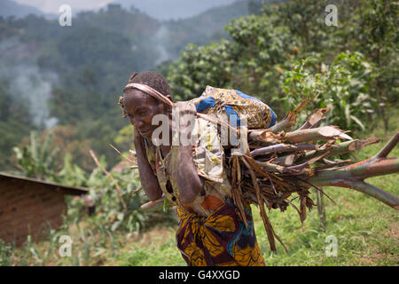 Une femme porte en bois un village rural lane dans les contreforts des monts Rwenzori Mountains sur la RDC / Ouganda frontière. Banque D'Images