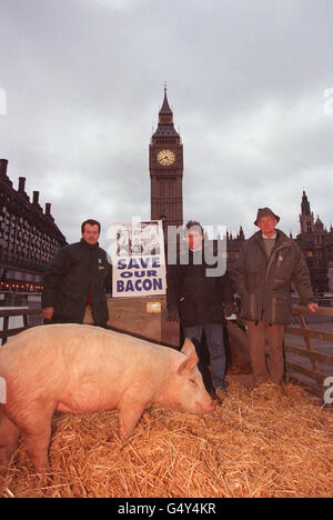 Les éleveurs de porcs Chris Leamon de Harlow, James Menhinick d'Essex et Tom Pitt de Chelsford, à l'extérieur du Parlement, protestent contre la crise en cours dans l'industrie porcine. Banque D'Images