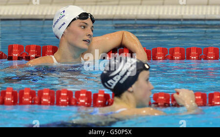 Keri-Anne Payne après sa chaleur pour le Medley individuel de 400m féminin lors des Championnats de natation britanniques au Centre aquatique du Parc Olympique, Londres. Banque D'Images