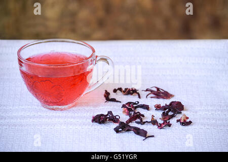 Tasse de thé hibiscus en transparent tasse sur nappe blanche à côté de fleurs d'hibiscus séchées Banque D'Images