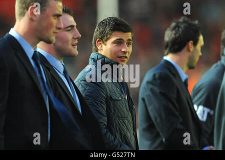 Ben Youngs (au centre) de Leicester Tigers est assis à l'échéance du match à son audience disciplinaire imminente Banque D'Images