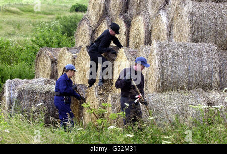 La police poursuit sa recherche de Sarah Payne, âgée de huit ans, au nord de Worthing, le 12e jour.Sarah a disparu en jouant avec ses frères chez leurs grands-parents près de Littlehampton.* 12/12/01: Roy Whiting, 42 ans, a été reconnu coupable par un jury du tribunal de la Couronne de Lewes d'enlèvement et de meurtre de Sarah, dont le corps a été trouvé 16 jours plus tard dans une tombe peu profonde au large de la route A29 à Pulborough. Banque D'Images