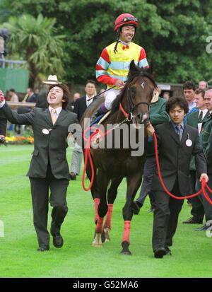 Agnes World, criblé de Yutaka Take, conduit à la Winners Enclosure, après avoir remporté la coupe de juillet Darley à Newmarket. C'est la première fois qu'un cheval japonais remporte une course du Groupe 1 en Grande-Bretagne. Banque D'Images