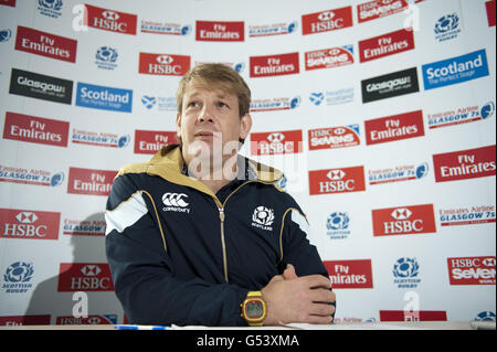 Graham Shiel, entraîneur principal de Scotland 7, lors d'une annonce d'équipe au stade Scotstoun, à Glasgow. Banque D'Images