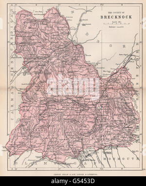 BRECKNOCKSHIRE :'Comté de Jacques Foyer'.Brecon Beacons. Le Pays de Galles. BARTHOLOMEW 1896 map Banque D'Images