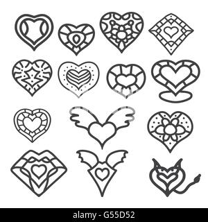 Symbole d'amour en forme de coeur hand drawn vector icon set Illustration de Vecteur