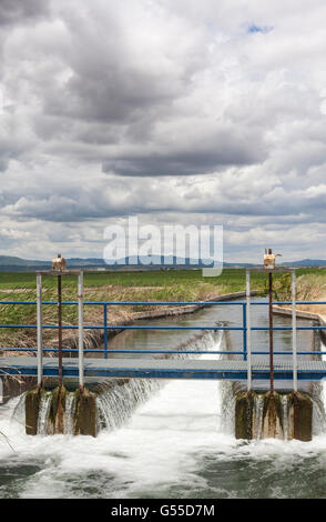Floodgate salon à l'occasion d'un grand canal d'irrigation de Guadiana ou Vegas Altas, Estrémadure, Espagne Banque D'Images