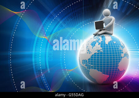 Homme assis sur un globe avec l'ordinateur portable. Sur le toit du monde. Banque D'Images