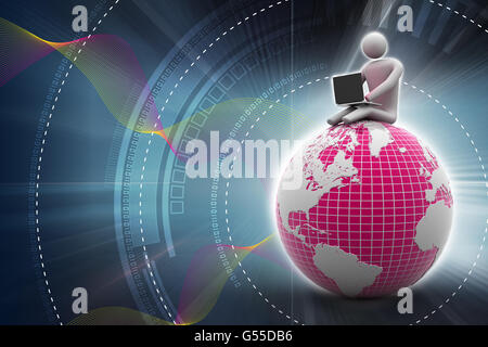 Homme assis sur un globe avec l'ordinateur portable. Sur le toit du monde. Banque D'Images
