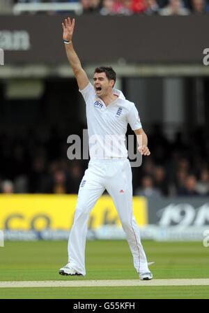 James Anderson, en Angleterre, lance un appel pour la cricket des Antilles Adrian Barath lors du match de test international Investec au terrain de cricket Lords, à Londres. Banque D'Images