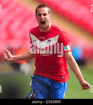 Matty Blair, de York City, célèbre le premier but Banque D'Images